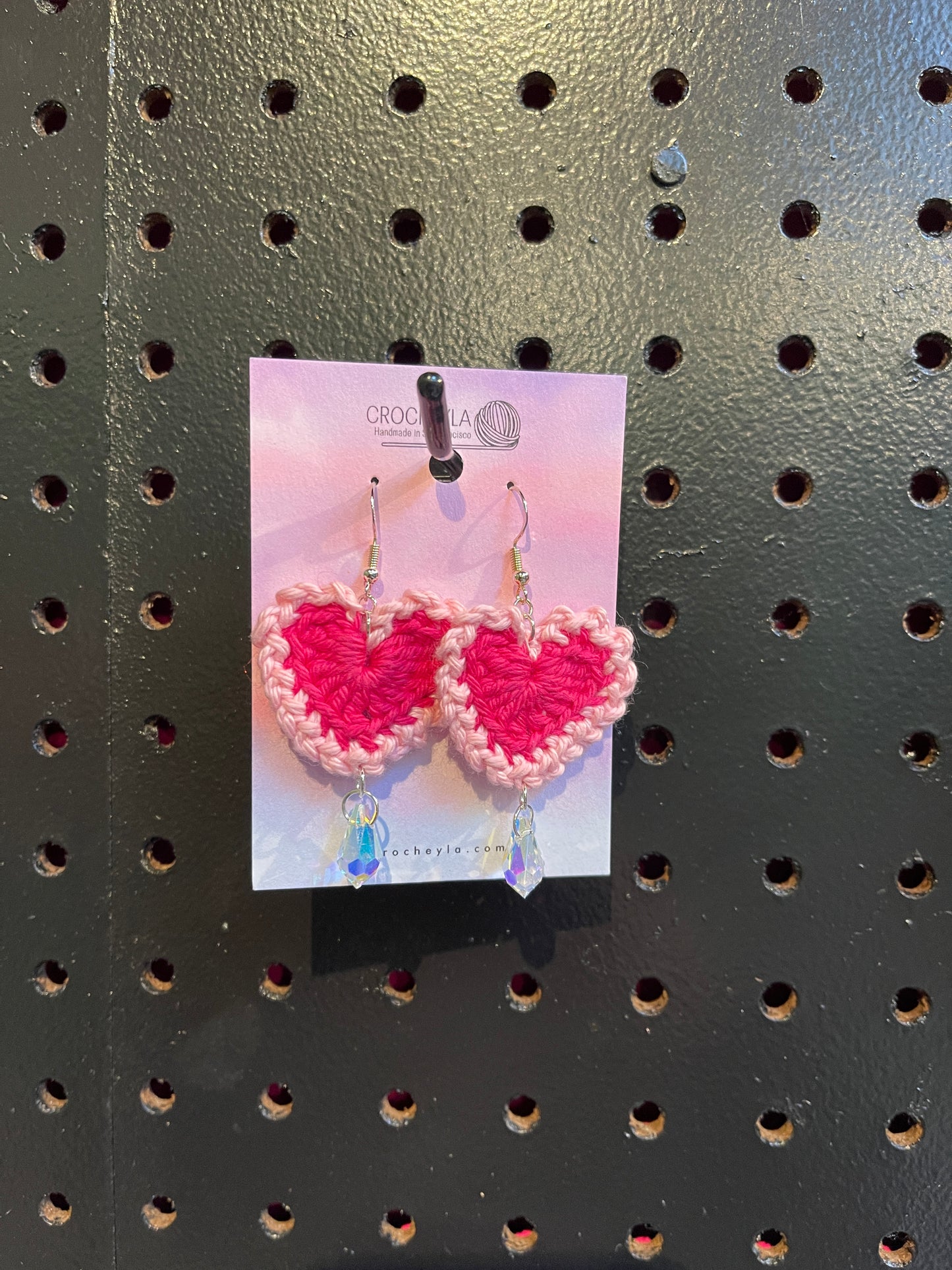 Heart earrings: magenta, pink border, crystals