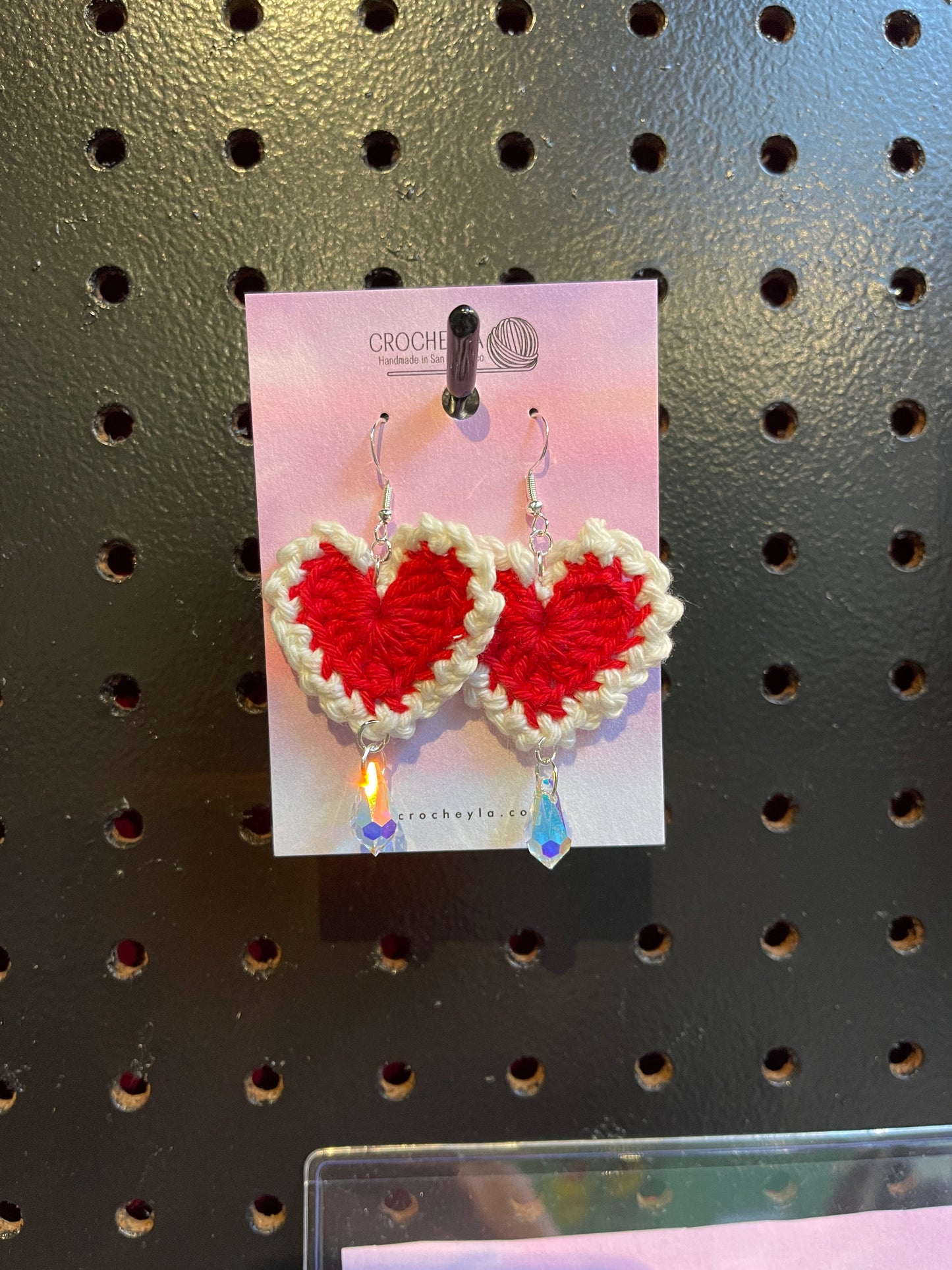 Heart Earrings: Red, white border, crystals