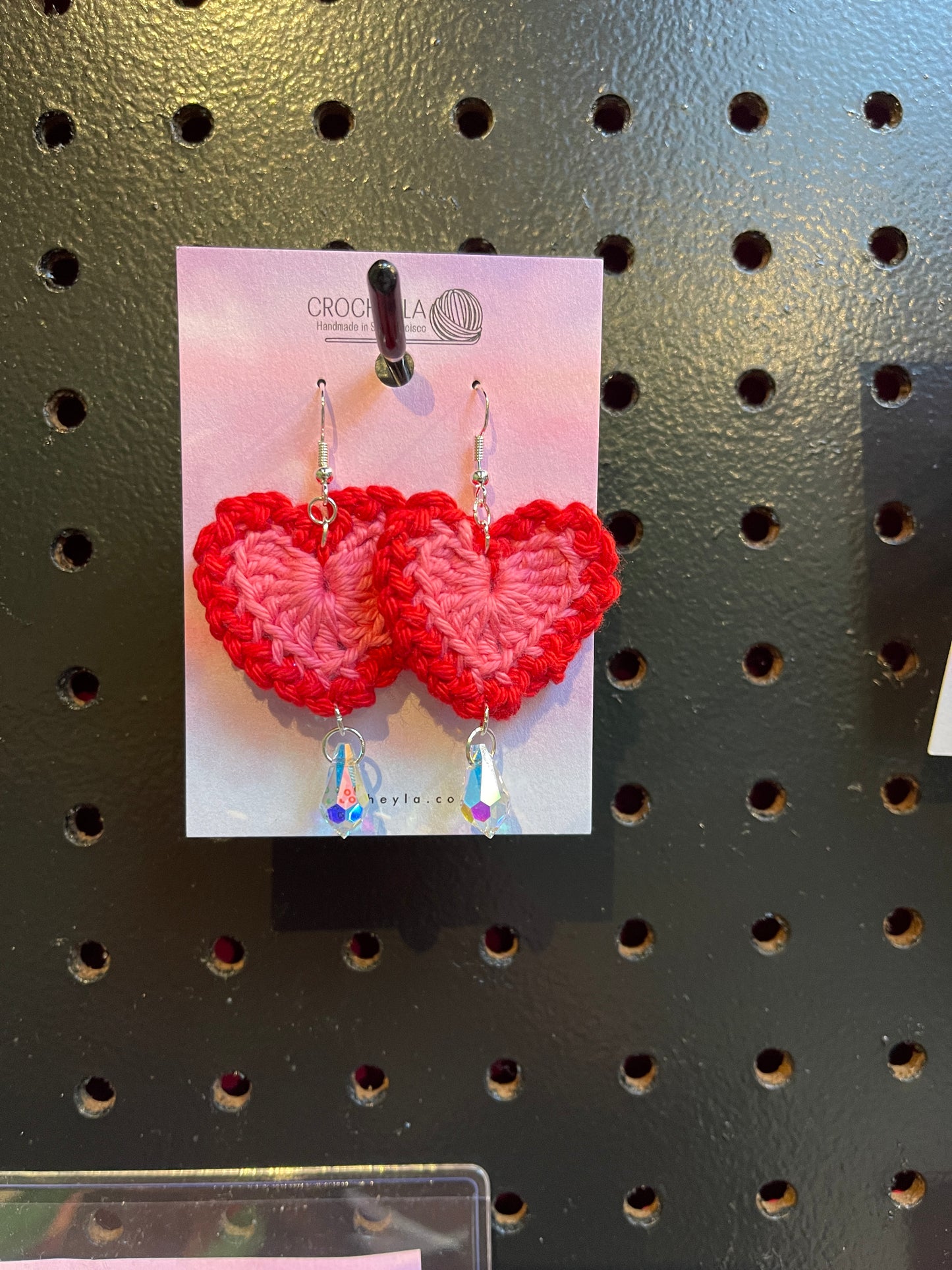 Heart earrings: pink, red border, crystals